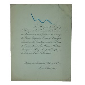 Heirat von Baron Jacques du Roure de Beaujeu, Kavallerieleutnant, ausgezeichnet mit dem Militärkreuz, abgeordnet zur französischen Militärmission in Polen, und Gräfin Ela LUBIENSKA , 30. April 1923