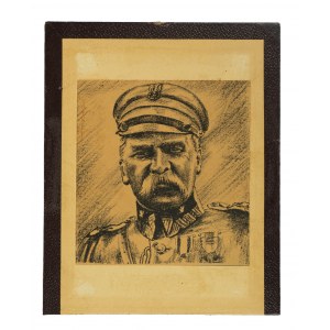 Portret Marszałka Józefa Piłsudskiego wklejony w kartonową ramkę, pamiątka z internowania w Szwajcarii