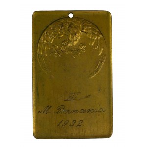Medal z grawerunkiem: III M.[Mistrz] Poznania 1932r., nad napisem orzeł z rozpostartymi skrzydłami w gałązką wieńca laurowego w dziobie