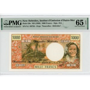 New Hebrides 1000 Francs 1980 (ND) Overprint PMG 65