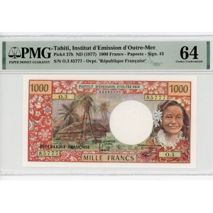 Tahiti 1000 Francs 1977 (ND) Overprint PMG 64 Fancy Number