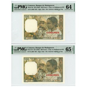 Comoros 2 x 100 Francs 1963 (ND) PMG 64 & 65 Overprint With Consecutive Numbers