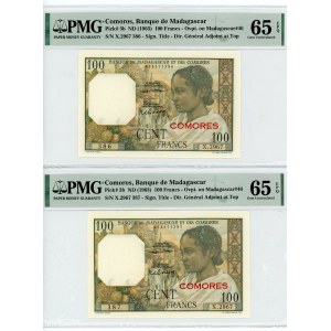 Comoros 3 x 100 Francs 1963 (ND) PMG 65 & 65 & 65 Overprint With Consecutive Numbers