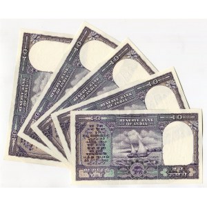 India 5 x 10 Rupees 1950 (ND) With Consecutive Numbers