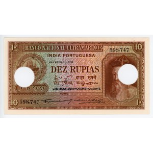 Portuguese India 10 Rupias 1945 Cancelled Note