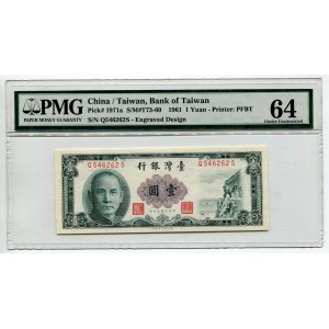 Taiwan Bank of Taiwan 1 Yuan 1961 PMG 64