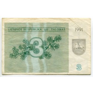Lithuania 3 Talonas 1991 Replacement note
