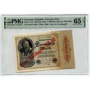 Germany - Weimar Republic 1 Milliarde Mark on 1000 Mark 1922 (1923) (ND) PMG 65 Overprint