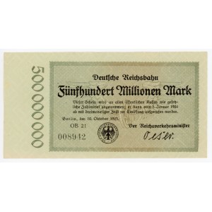 Germany - Weimar Republic Prussia, Berlin Deutsche Reichsbahn 500 Millionen Mark 1923