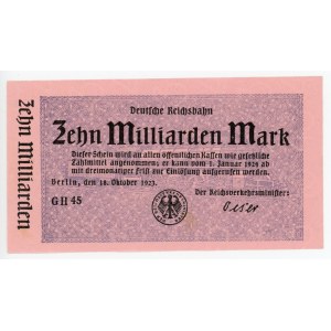 Germany - Weimar Republic Prussia, Berlin Deutsche Reichsbahn 10 Milliarden Mark 1923