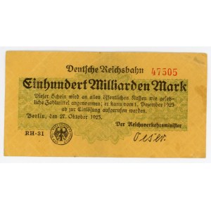 Germany - Weimar Republic Prussia, Berlin Deutsche Reichsbahn 100 Milliarden Mark 1923