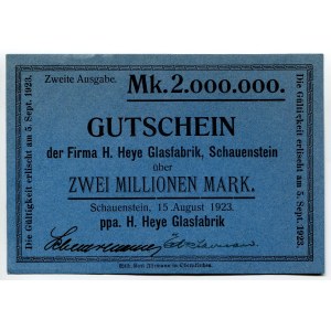 Germany - Weimar Republic Lower Saxony Obernkirchen Schauenstein 2 Millionen Mark 1923