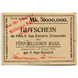 Germany - Weimar Republic Lower Saxony Obernkirchen Schauenstein 50 Millionen on 5 Millionen Mark 1923 Overprint