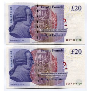 Great Britain 2 x 20 Pounds 2007 - 2011 (ND) With Consecutive Numbers