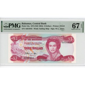 Bahamas 3 Dolars 1974 (1984)(ND) PMG 67
