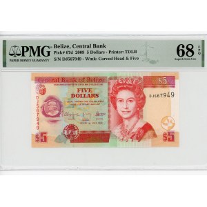 Belize 5 Dollars 2009 PMG 68
