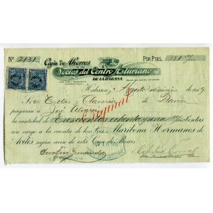 Cuba Havana 381.80 Pesetas 1919 Caja de Ahorros de los Socios del Centro Asturiano de la Habana
