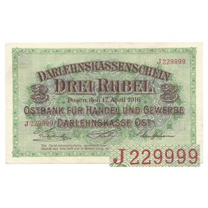 Poznań - Posen - 3 ruble 1916 - klauzula ...nabywa - ciekawy numer 229999