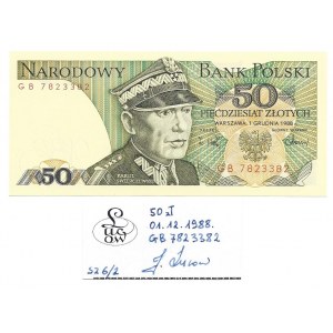 50 złotych 1988 - GB - odręcznie podpisany certyfikat J. Lucow
