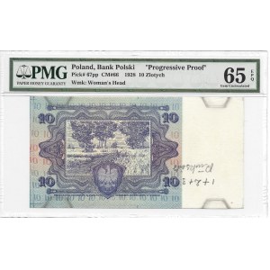 10 złotych 1928 - PMG 65 EPQ - finalny druk próbny rewersu