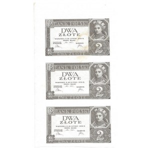 2 złote 1936 - arkusz 3 nierozcięte banknoty - 