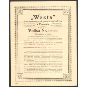 WESTA Bank Wzajemnych Zabezpieczeń - polisa na życie na kwotę 336 000 marek 1923 -