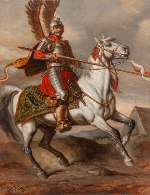 Feliks Sypniewski (1830 Warszawa - 1902 Warszawa), Husarz na siwym koniu, 1881