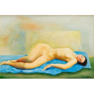 Moses (Moise) Kisling (1891 Kraków - 1953 Paris), Nude on blue drapery (Nu couché, Jeune femme nue étendue), 1938