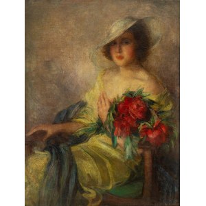 Marian Stroński (1892 Terespol - 1977 Przemyśl), Portrait of a lady with a bouquet of peonies, 1920s-1930s.