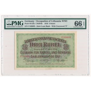 Poznań 3 ruble 1916 -U- krótka klauzula - PMG 66 EPQ