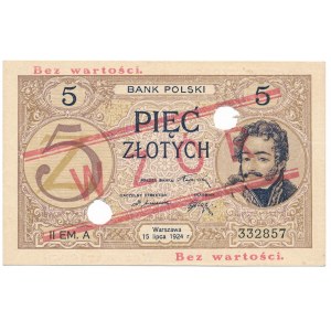 5 złotych 1924 II EM.A. WZÓR perforowany - PIĘKNY