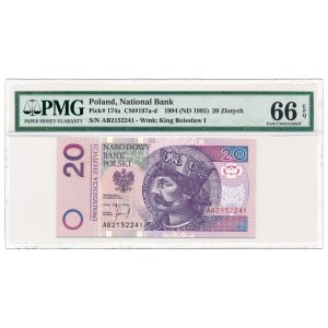 20 złotych 1994 -AB- PMG 66 EPQ - bardzo rzadka seria 