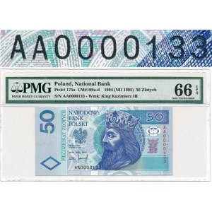 50 złotych 1994 AA 0000133 PMG 66 EPQ - skrajnie niski numer