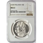 Piłsudski 10 złotych 1939 NGC MS61