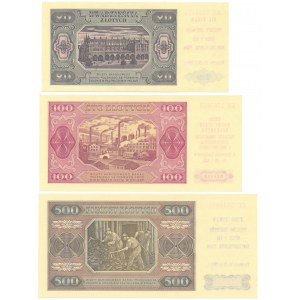 Zestaw 20/100/500 złotych 1948 z nadrukami