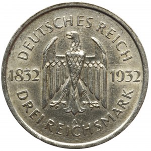 Germany, 3 mark 1932 A 100. Todestag Goethes