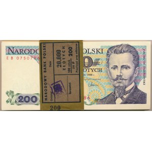 Paczka bankowa 200 złotych 1988 -EB- 100 sztuk - rzadsza seria przejściowa