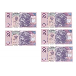 Zestaw 5x20 złotych 1994 -AA z niskimi numerami seryjnymi 