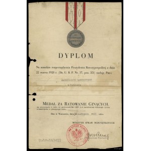 Poland, diploma of awarding the Medal for Rescuing the Disappearing, 1933