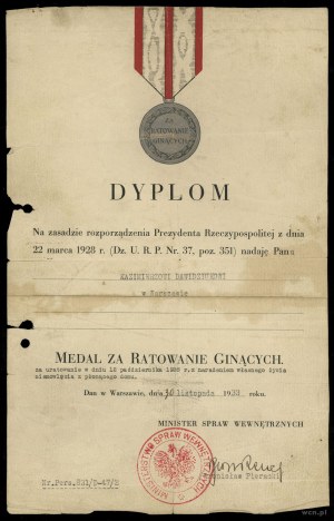 Polska, dyplom nadania Medalu za Ratowanie Ginących, 1933