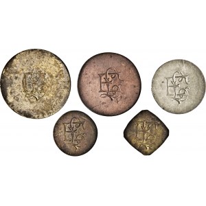 Zestaw pięciu niezidentyfikowanych monet dominialnych z monogramem EL,