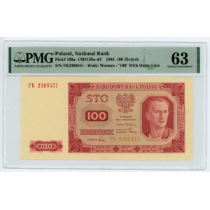 100 złotych 1948 - seria FK - PMG 63