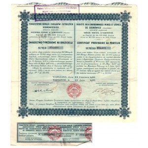Provisional Certificate, Towarzystwo Kopalń i Zakładów Hutniczych SOSNOWICKICH S.A. in Warsaw 1930
