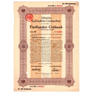 Wrocław 500 Goldmark papers ziskové Schlesischer Landschaftlicher Goldpfandbrief