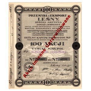Forstwirtschaft und Export - 100 x 1.000 polnische Mark 1923 - eingetragenes Privileg