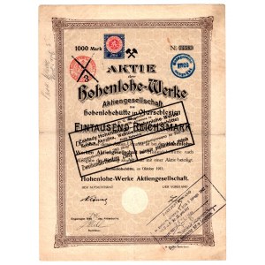 Niemcy / Polska Zakłady Hohenlohe-Werke - 1000 Reichsmark 1911 przestęplowana na 250 zł