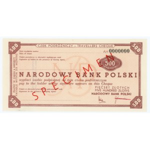 Czek Podróżniczy o wartości 500 złotych - SPECIMEN seria AH 0000000 z przekreślonym nazwiskiem