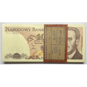 Paczka bankowa 100 sztuk - 100 złotych 1986 seria MU