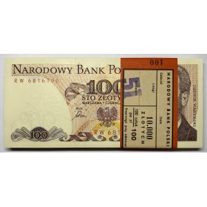 Paczka bankowa 100 sztuk - 100 złotych 1986 seria RW