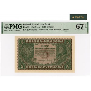 5 Polish marks 1919 - II Series DU - PMG 67 EPQ MAX NOTA.